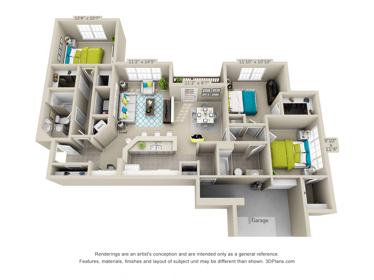 Floor plan for 3 beds, 2 baths, 1412 sqft